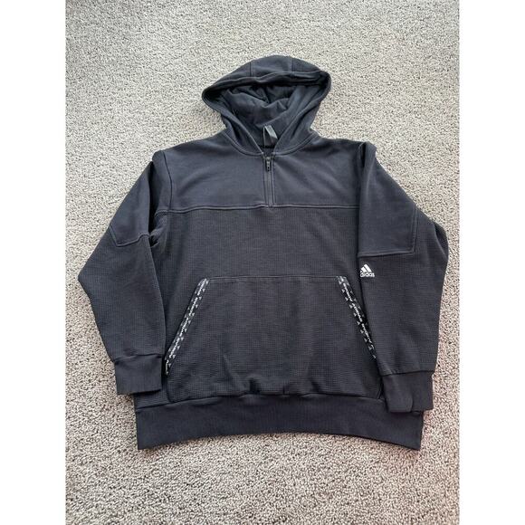Adidas Hoodie Mens Large Black Waffle Knit Trim 1/4 Zip Pullover Sweatshirt * - Picture 1 of 13